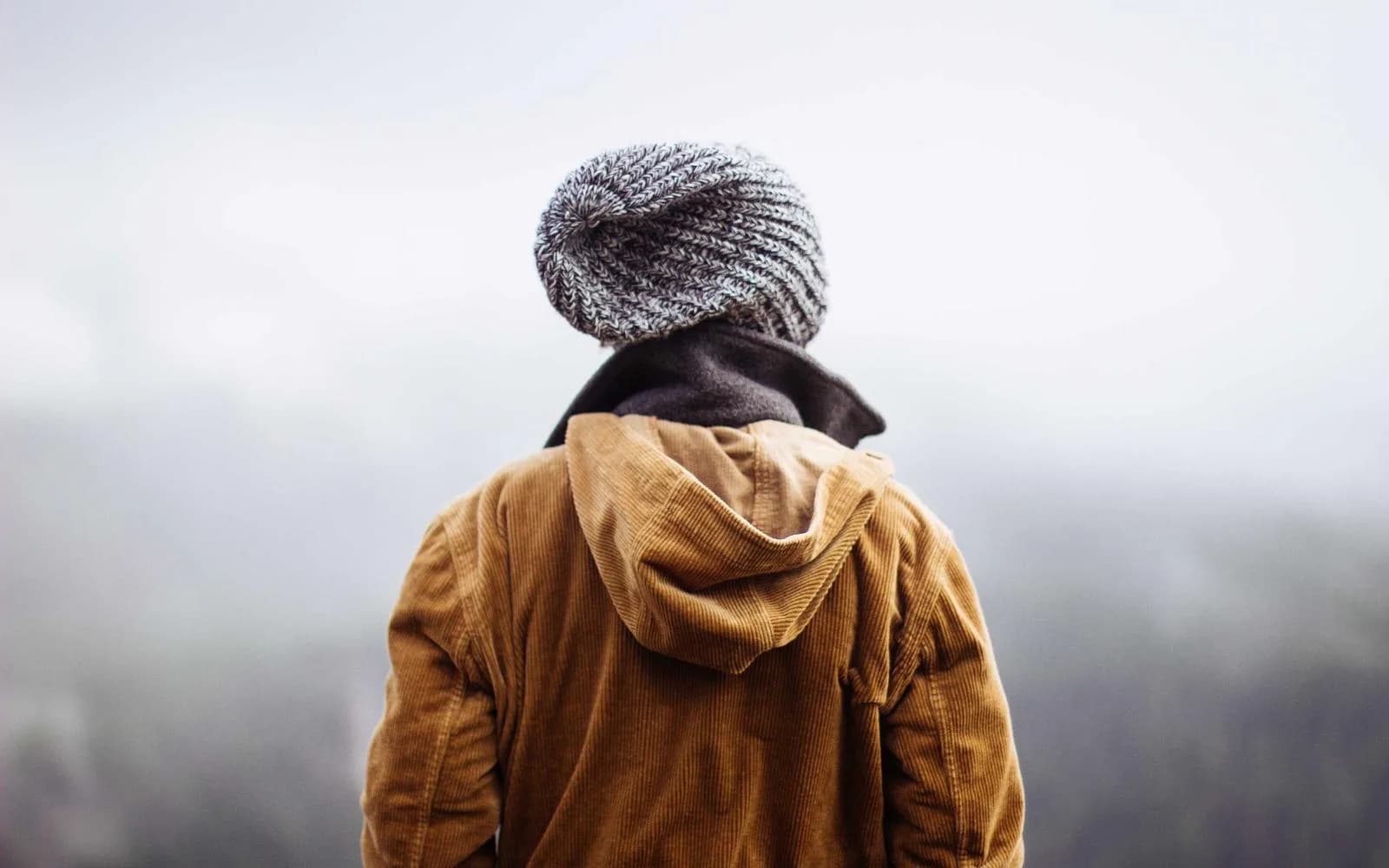 A person in a beanie and corduroy jacket seen from behind in thick fog